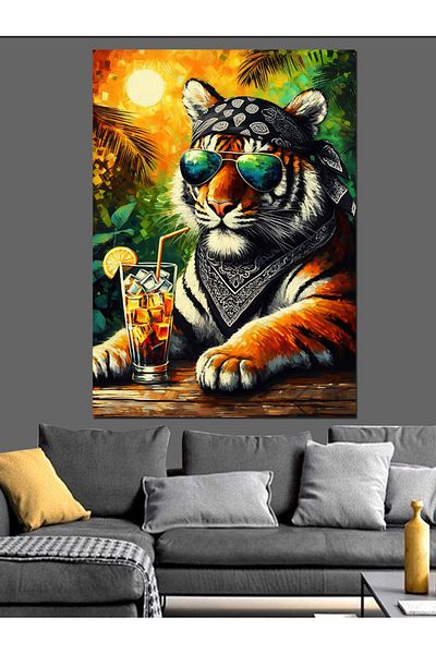 Tablomega Tiger Drinking Cocktail While Sunbathing Decorative Canvas - Mdf Wooden Table