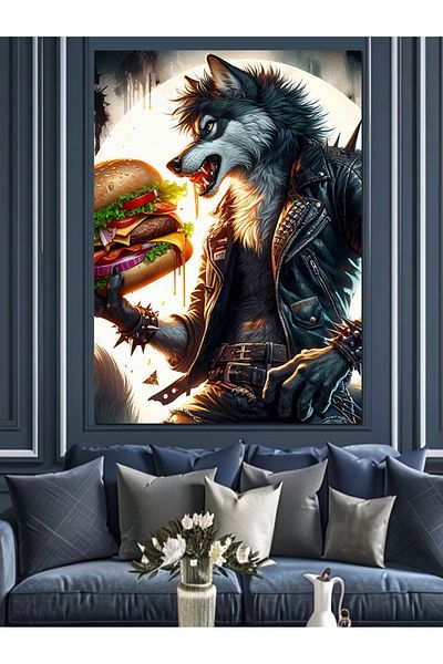 Tablomega Hamburger Wolf Decorative Canvas - Mdf Wooden Table