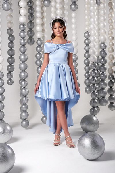 SIRRI Girl's Tailed Satin Fabric Blue Evening Dress – (10-15 Years)