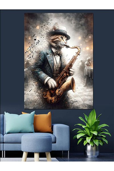 Tablomega Saxophonist Cat Decorative Canvas - Mdf Wooden Painting