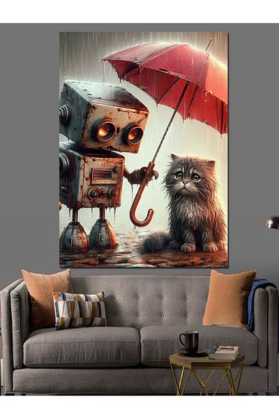 Tablomega Robot and Cat under Umbrella Decorative Canvas - Mdf Wooden Painting