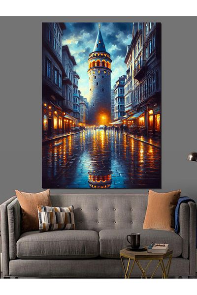 Tablomega Night Galata Decorative Canvas - Mdf Wooden Painting