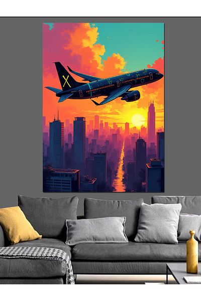 Tablomega Avion pe pânză decorativă la apus - pictură din lemn MDF