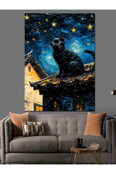 Tablomega Midnight Cat Decorative Canvas - Mdf Wooden Painting
