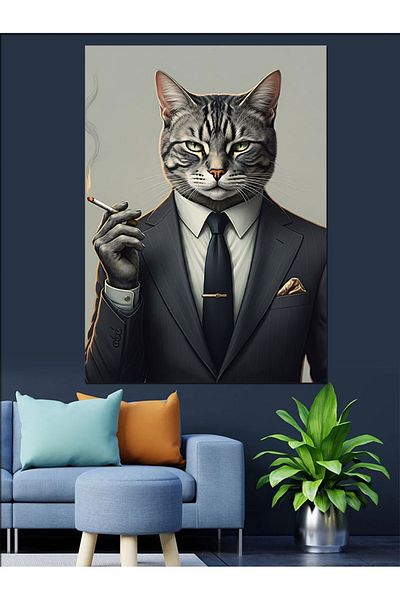 Tablomega Smoking Cat Decorative Canvas - Mdf Wooden Painting