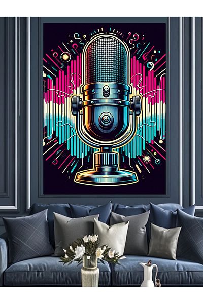 Tablomega Neon Microphone Decorative Canvas - Mdf Wooden Table