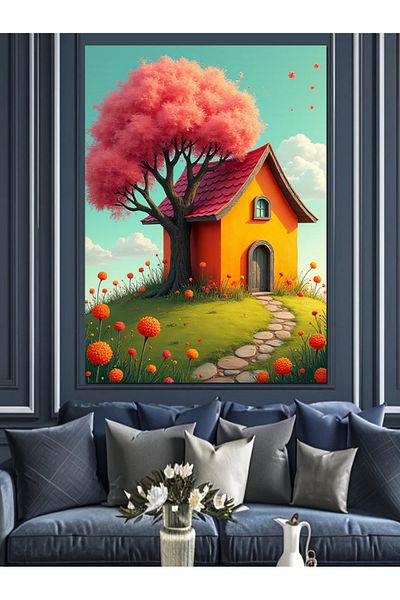 Tablomega Pink Tree and House Decorative Canvas - Mdf Wooden Painting