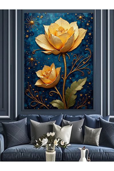 Tablomega Gold Colored Flowers Decorative Canvas - Mdf Wooden Painting