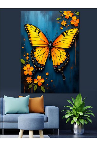 Tablomega Yellow Butterfly and Flowers Decorative Canvas - Mdf Wooden Painting