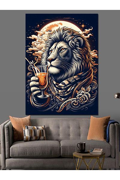 Tablomega Lion Drinking Cocktail Decorative Canvas - Mdf Wooden Table