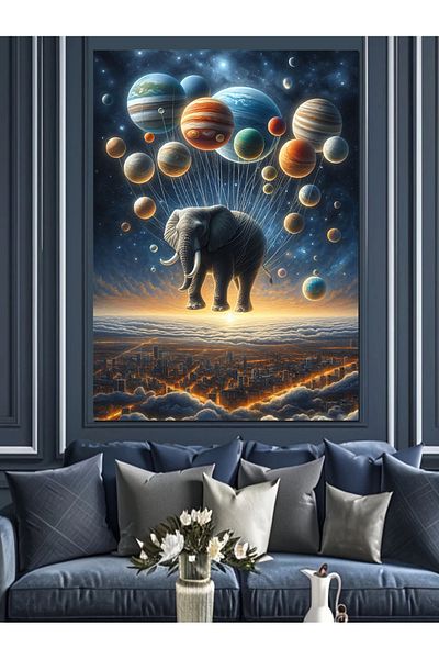 Tablomega Elephant among Planets Decorative Canvas - Mdf Wooden Painting