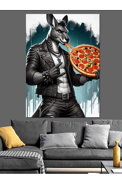 Tablomega Kangaroo Holding Pizza Decorative Canvas - Mdf Wooden Table