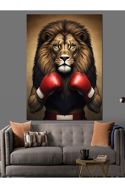 Tablomega Lion with Boxing Gloves Decorative Canvas - Mdf Wood Painting