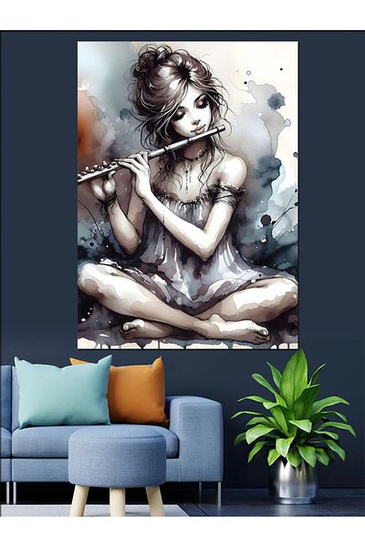 Tablomega Girl Playing the Flute Decorative Canvas - Mdf Wooden Painting