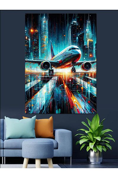 Tablomega Night Plane Decorative Canvas - Mdf Wooden Painting