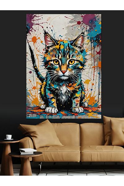 Tablomega Colorful Cat Decorative Canvas - Mdf Wooden Table