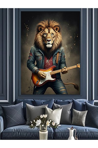 Tablomega Lion Playing Guitar Decorative Canvas - Mdf Wooden Painting