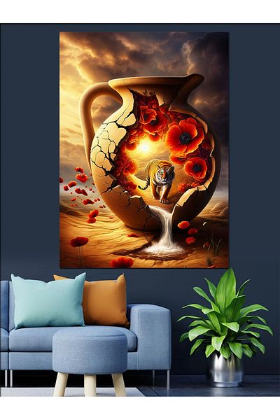Tablomega Flaming Vase Decorative Canvas - Mdf Wooden Table