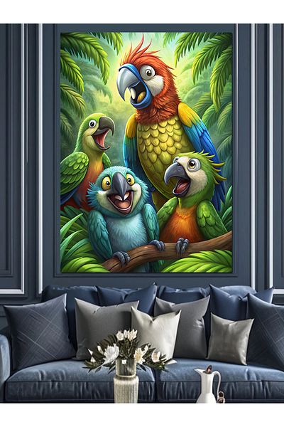 Tablomega Pânză decorativă Familie Papagal - Lemn MDF