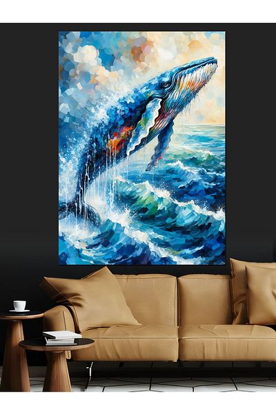 Tablomega Whale among Waves Decorative Canvas - Mdf Wooden Painting