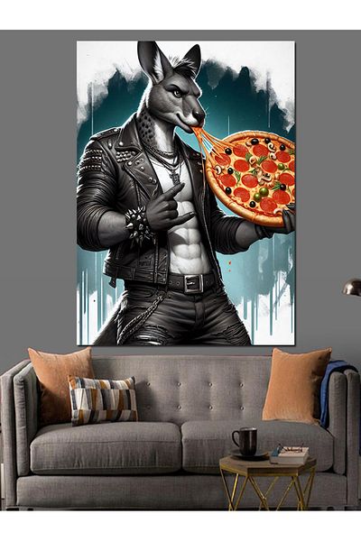 Tablomega Kangaroo Holding Pizza Decorative Canvas - Mdf Wooden Table