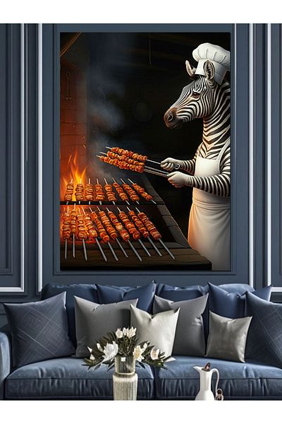 Tablomega Zebra Making Kebab Decorative Canvas - Mdf Wooden Table