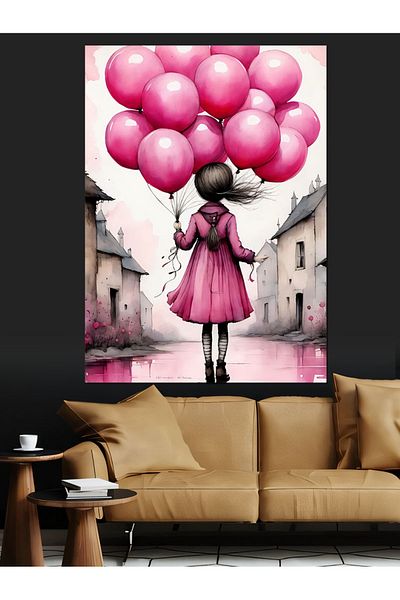 Tablomega Girl Carrying Pink Balloons Decorative Canvas - Mdf Wooden Painting