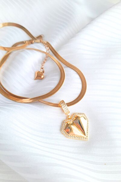Nreal Gold Çelik Zincir Kalp Figürlü Kolye