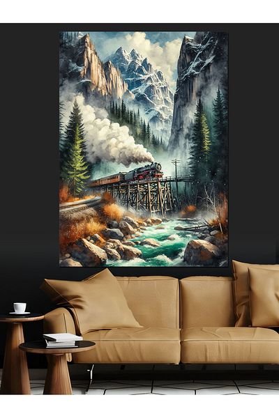 Tablomega Train in the Mountains Decorative Canvas - Mdf Wooden Painting
