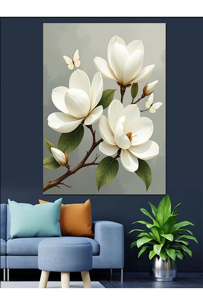 Tablomega White Flowers Decorative Canvas - Mdf Wooden Painting