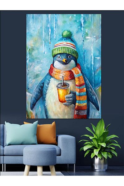 Tablomega Scarfed Penguin Drinking Decorative Canvas - Mdf Wooden Painting