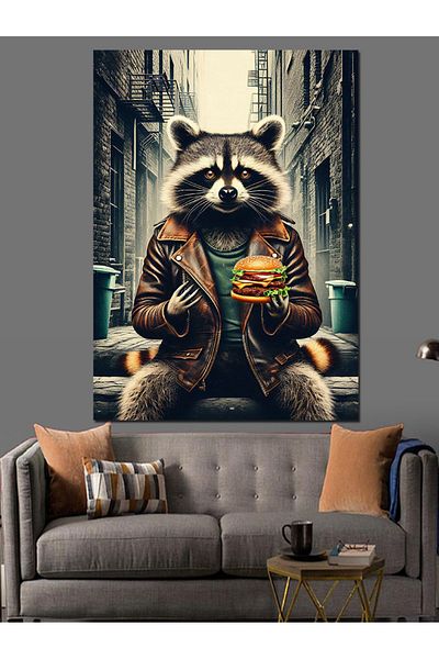Tablomega Raccoon Eating Hamburger Decorative Canvas - Mdf Wooden Table