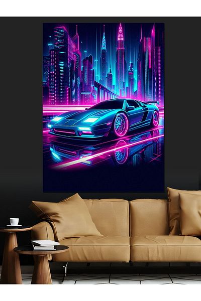 Tablomega Pânză decorativă pentru mașină sport colorată neon - pictură din lemn MDF