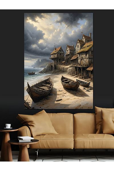 Tablomega Fishing Town and Boats Decorative Canvas - Mdf Wooden Painting