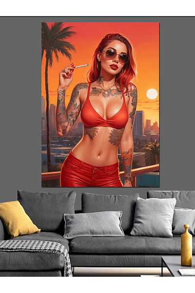 Tablomega Smoking Woman with Tattoo Decorative Canvas - Mdf Wooden Painting