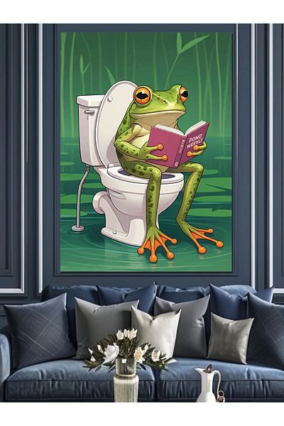 Tablomega Frog Reading a Book Decorative Canvas in the Toilet - Mdf Wooden Painting
