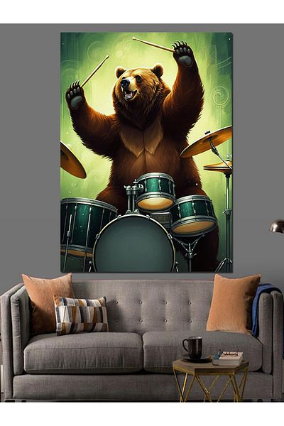 Tablomega Drum Playing Bear Decorative Canvas - Mdf Wooden Table