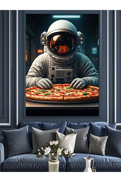 Tablomega Pizza Astronaut Decorative Canvas - Mdf Wooden Table