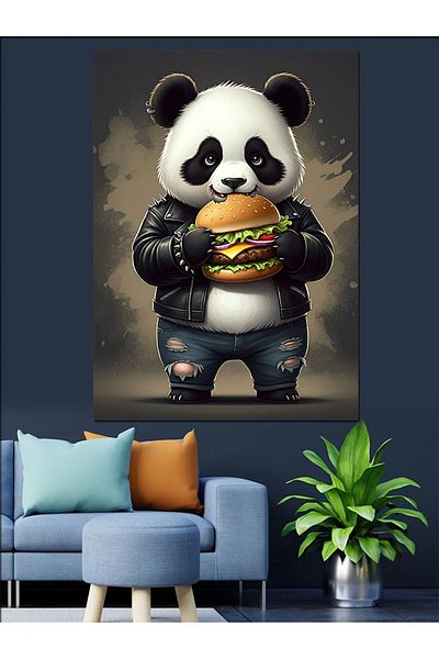 Tablomega Hamburger Panda Decorative Canvas - Mdf Wooden Table
