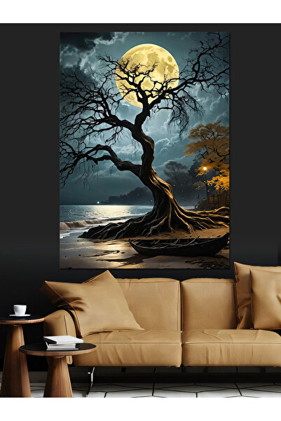 KanvasSepeti Pictură în ulei decorativă cu copac cu vedere la lună, cu textur...