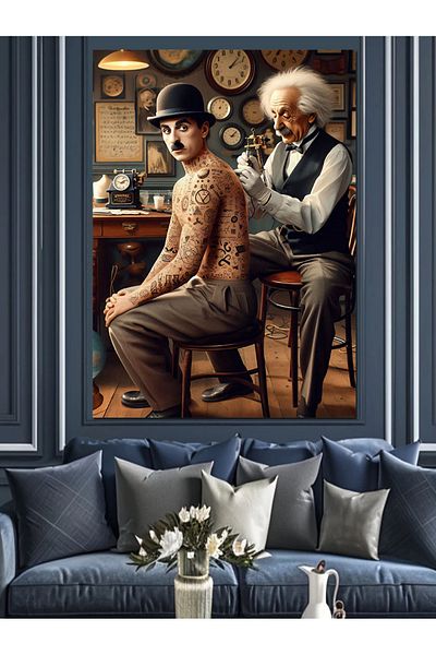 Tablomega Tattooist Einstein and Chaplin Decorative Canvas - Mdf Wooden Painting