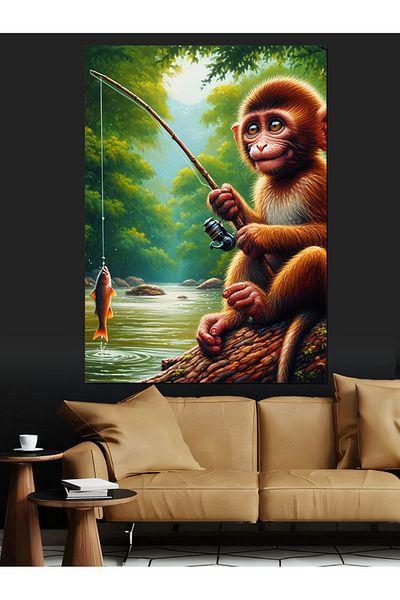 Tablomega Monkey Holding a Fish Decorative Canvas - Mdf Wooden Painting