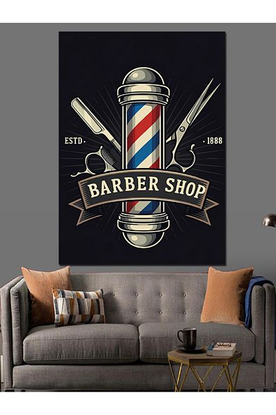 Tablomega Διακοσμητικός καμβάς με λογότυπο Barber Shop - Ξύλινος πίνακας MDF