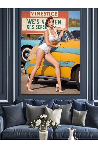 Tablomega Taxi Galben și Pânză Decorativă Retro Femei - Lemn MDF