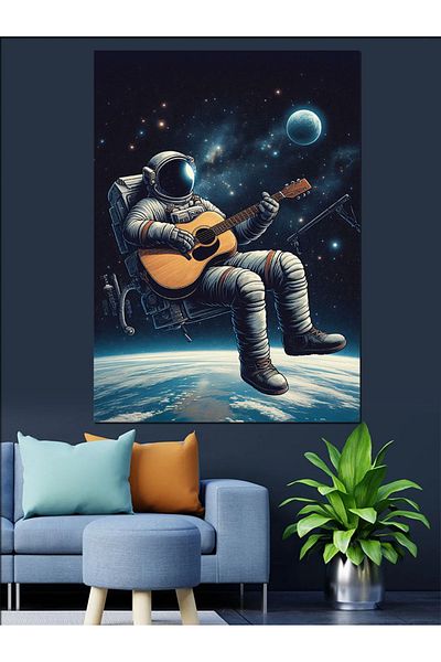 Tablomega Astronaut Playing Guitar on the Moon Decorative Canvas - Mdf Wooden Painting