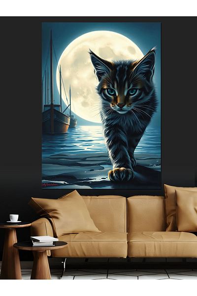 Tablomega Moonlight Cat Decorative Canvas - Mdf Wooden Painting