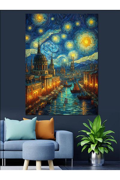 Tablomega Pânză decorativă cu peisaj de noapte înstelată - pictură din lemn MDF