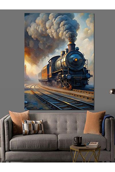 Tablomega Train in the Smoke Decorative Canvas - Mdf Wooden Painting