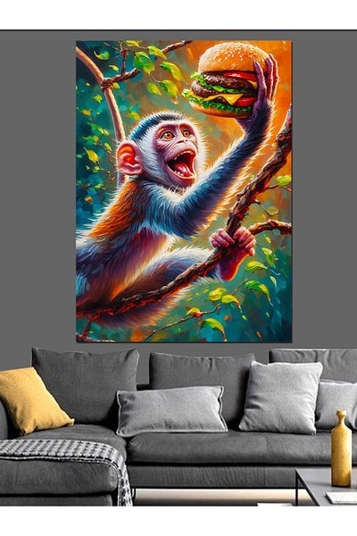 Tablomega Monkey Eating Hamburger Decorative Canvas - Mdf Wooden Table