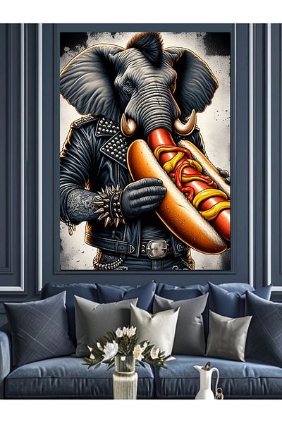 Tablomega Pânză decorativă elefant cu hotdog - masă din lemn MDF